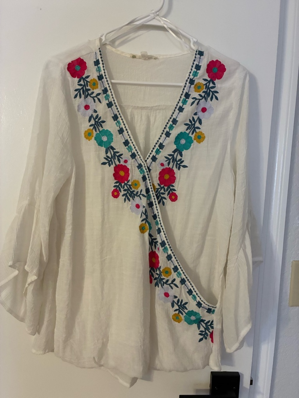 Embroidered V-Neck Wrap Top with Floral Accents